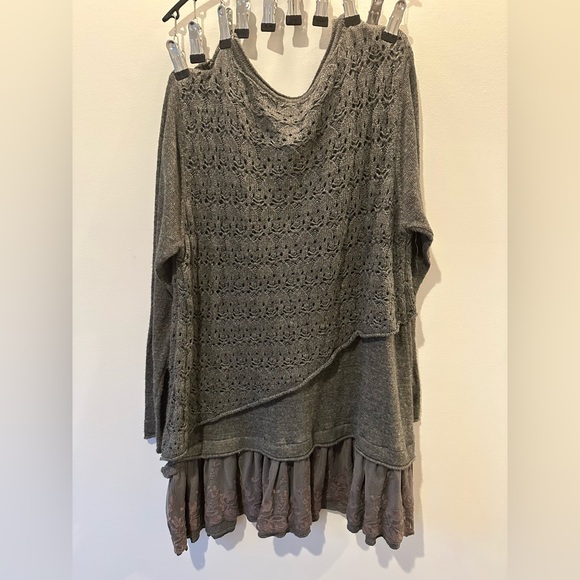 Simply Couture Sm Mixed Media Gray Tunic Sweater Dress Crochet Lace Asymmetric - Picture 2 of 9